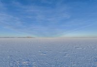 a lone person in the middle of a vast open field in snow against a blue sky and some clouds