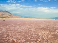 a man standing on the beach, looking out at a vast landscape that includes hills and hills