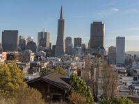 a view of the city from a hill with a fence in the foreground and the skyline