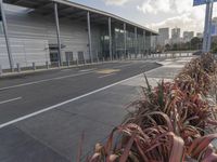 the empty street has long poles near it in front of the building of the building