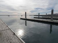 a dock surrounded by wooden boards in the water and birds on the dock nearby to the water