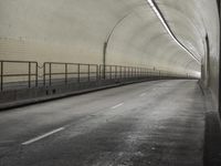 there is a empty tunnel on the other side of the road and a railing with no doors
