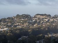 a man riding a horse on a hillside next to the city with houses below it