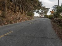 this is an image of a road with the sign on the side of it, with some trees at the end of the road