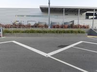 a parking lot with several empty cars in it and plants outside of the building on each side