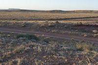 a person is riding on a horse in the dirt hill land next to the road