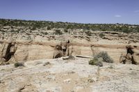 a landscape of rocks, trees, and grass with a dirt trail that winds up to the canyon