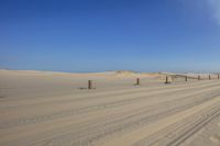 a person walking on a sandy beach near a fence and sand dunes by the ocean