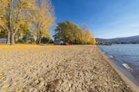 a sandy beach next to a lake under a bright sun filled sky in the distance