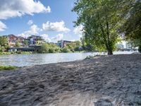 a sandy beach with trees in the background next to some water and a city building