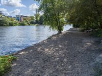 a sandy beach with trees in the background next to some water and a city building