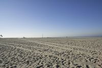 people walk on sand at a beach, near the ocean in the distance is a sky with few cloudless, and blue skies