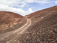 a gravel road leads up to a steep mountain side side with sparse rocks, a few white clouds and one pointy sky