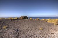 the sandy ground on the shore of a lake near the ocean with some trees and rocks