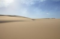 a field filled with sandy and sparse dunes in the middle of a desert plain with a blue sky