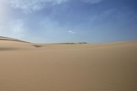 a field filled with sandy and sparse dunes in the middle of a desert plain with a blue sky