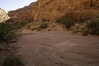 a sandy trail going through a rocky cliff face with scrub plants and grass in front