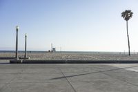 a skateboard park and some poles at the beach on a sunny day with a blue sky