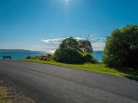 empty roadway by the beach with green grass and trees near by on hill at top