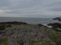 a view of a grassy hill with some rocks and a large body of water on the other side