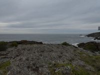 a view of a grassy hill with some rocks and a large body of water on the other side