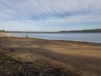 the view of water from an empty beach near a forest area and hill range in the distance