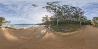 a road is seen in this photo with a nice lens view of the trees and beach