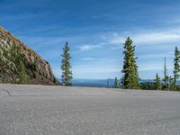 the curved road is near an evergreen mountain side area with rocks and trees in winter