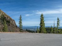 the curved road is near an evergreen mountain side area with rocks and trees in winter