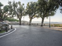 a city road going down the hill with trees on both sides of it and a stone block in the middle of the street