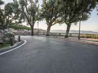 a city road going down the hill with trees on both sides of it and a stone block in the middle of the street