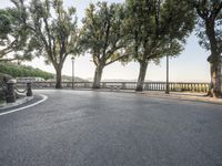 a city road going down the hill with trees on both sides of it and a stone block in the middle of the street