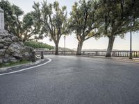 a city road going down the hill with trees on both sides of it and a stone block in the middle of the street