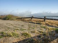 a beach with an empty road by the water and grass by the shore line and a bench is in front of the sand