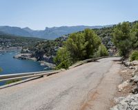 a winding asphalt road with a view of a lake and mountains in the distance in front of trees