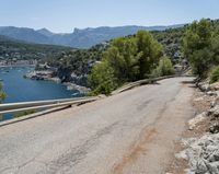 a winding asphalt road with a view of a lake and mountains in the distance in front of trees