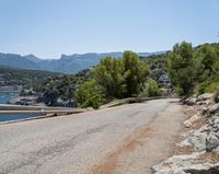 a winding asphalt road with a view of a lake and mountains in the distance in front of trees