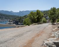 a winding asphalt road with a view of a lake and mountains in the distance in front of trees