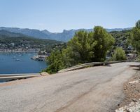 a winding asphalt road with a view of a lake and mountains in the distance in front of trees