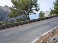 a paved road with some trees and a stone wall along the side of it and mountains in the background