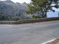 a paved road with some trees and a stone wall along the side of it and mountains in the background