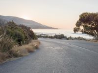 the sun is setting behind some trees and an ocean line road with a man sitting on a motorcycle