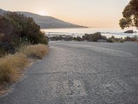 the sun is setting behind some trees and an ocean line road with a man sitting on a motorcycle