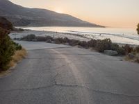 the sun is setting behind some trees and an ocean line road with a man sitting on a motorcycle