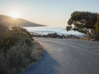 a sunset view from behind the road with a person riding a bike along the shore