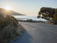 a sunset view from behind the road with a person riding a bike along the shore