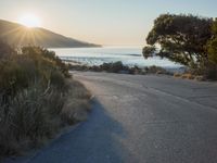 a sunset view from behind the road with a person riding a bike along the shore