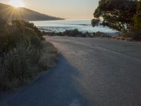 a sunset view from behind the road with a person riding a bike along the shore