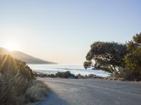 a sunset view from behind the road with a person riding a bike along the shore