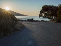 a sunset view from behind the road with a person riding a bike along the shore